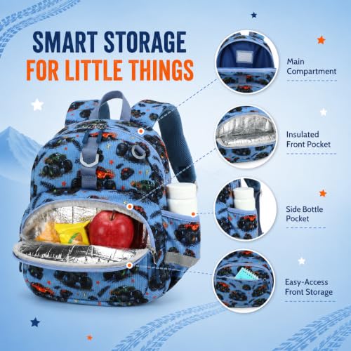 Image of LOIDOU Toddler Backpack for Boys Ages 2-4, 12 Inch Mini Preschool Daycare Bookbag with Insulated Snack Pocket, Corduroy Small Kids Travel Backpack with Chest Strap, Blue Car