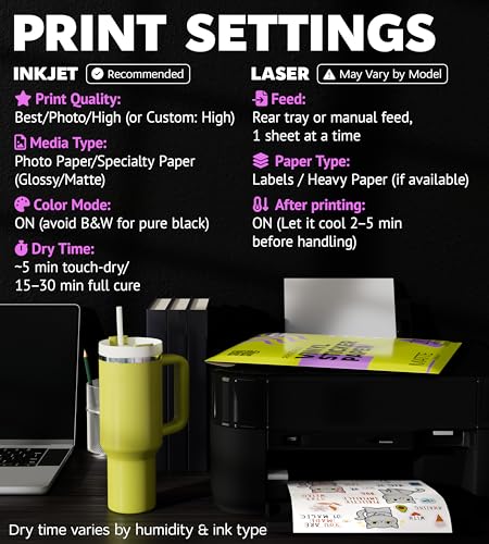 Premium Printable Vinyl Sticker Paper for Inkjet Printer and Laser - 20 White Matte Sticker Paper Waterproof - Durability Adhesive Paper 8.5 x 11, Fast Dry, Holds Ink Well, Great f image 6
