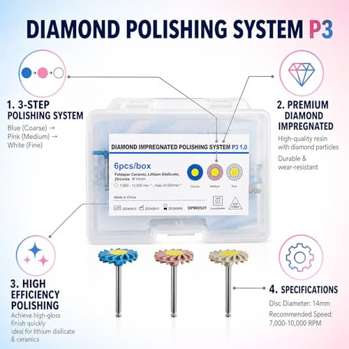 Image of Dental Composite Resin Polishing P3 Disc Polisher Wheels Diamond 3-Step Diamond Impregnated Polishing System System 14mm Wheel Kit Spiral Flex Brush Tools