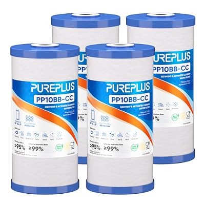 PUREPLUS 25 Micron 10" x 4.5" Whole House Sediment and Carbon Water Filter Replacement Cartridge for GE FXHTC, GXWH40L, GXWH35F, GNWH38S, Culligan RFC-BBSA, WRC25HD, PP10BB-CC, Pentek RFC-BB, 4Pack