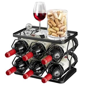 Nuovoware Foldable Wine Rack, Freestanding Hexagon Wine Rack Countertop 6 Bottle 2 Tier, Carbon Steel Wine Racks Holder for Kitchen Bar Pantry Wine Cellar Dining Room Basement Outdoor, Black