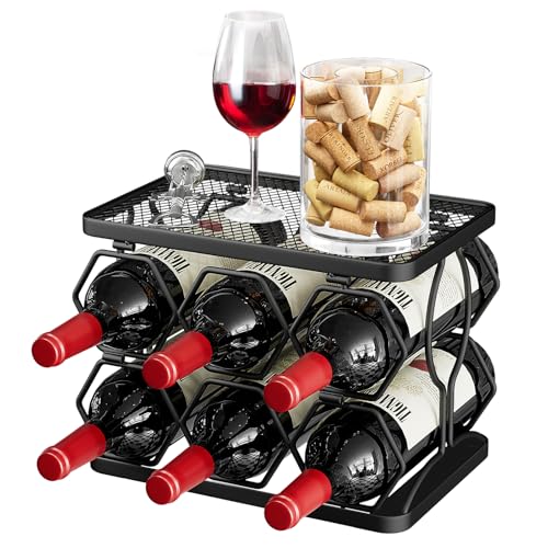 Nuovoware Estante Vino Plegable, Estante Vino Hexagonal Independiente para Mostrador 6 Botellas 2 Niveles, Estantes Vino Acero Carbono para Cocina Bar Despensa Bodega Comedor Sótano Exterior, Negro