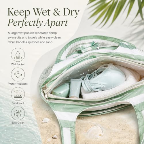 Image of LEDAOU Large Beach Bag Women Waterproof Sandproof Zipper Beach Tote Pool Bag for Swim Gym Grocery Travel with Wet Pocket