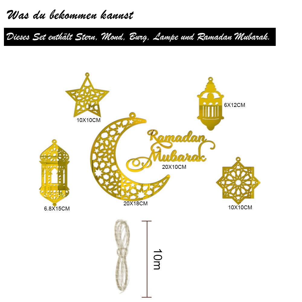 Ramadan Decoration Set, 6 Stück Holz Eid Mubarak Anhänger Islamische Dekoration Ramadan Holz Anhänger Star Moon Ramadan Kareem Dekoration, DIY Ramadan Festival Eid Mubarak Dekoration