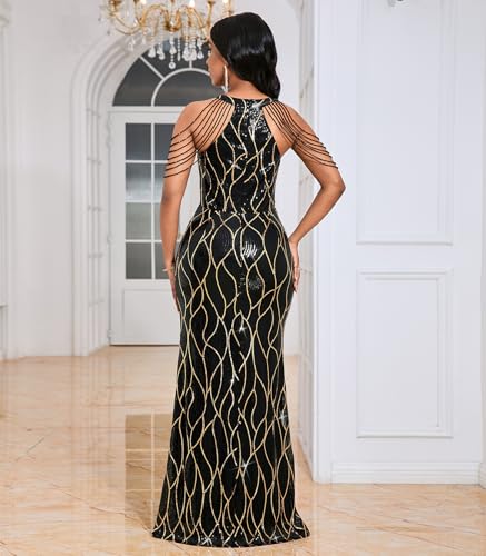 Image of Cololura Women Sexy Elegant Sequin Tassel Off Shoulder Halter Bodycon Maxi Dress Party Evening Gown Formal Dress