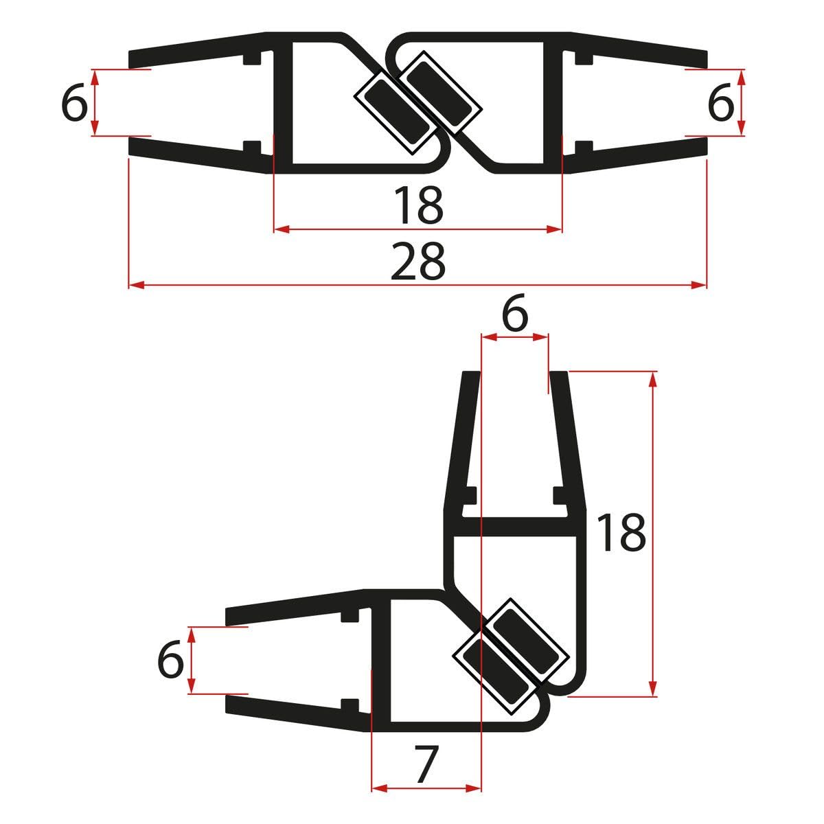 2 Magnetische Duschdichtungen Schwarz 90 Grad I Für Glasstärken 6 bis 8 mm. Längen 180 bis 200 cm (180 cm)