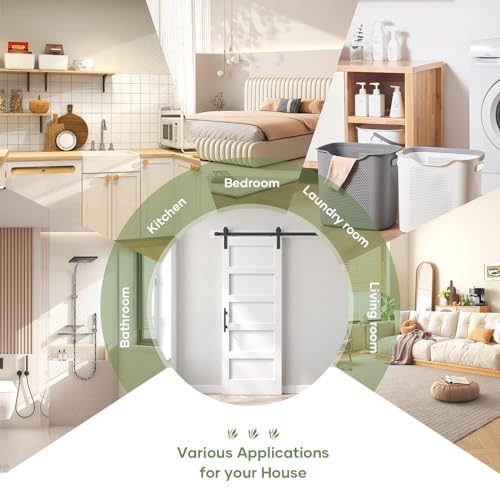 Image of 28x80 in Sliding Barn Door and Hardware Included,5-Panels, White | with 5FT Hardware Kit Included & Handle,Solid ,DIY Assembly,Interior ,Modern,PVC Surface,MDF,Fit24in-26in opening