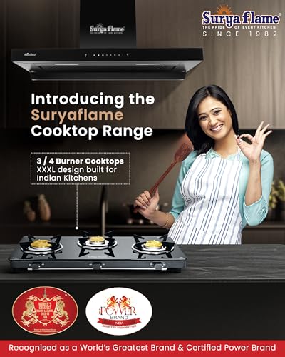 Image of Surya Flame Creta Gas Stove 3 Burners | Tri-pin Brass Burner | 3 Burner Gas Stove Glass Top, Stove 3 Burner, Ultra Slim Design with Toughened Glass Top, Removable Drip Tray, ISI Certified