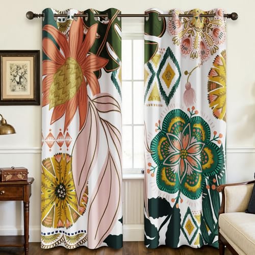 Image of Tyrot Boho Floral Grommet Blackout Curtains, 52W x 63L, 2 Panels