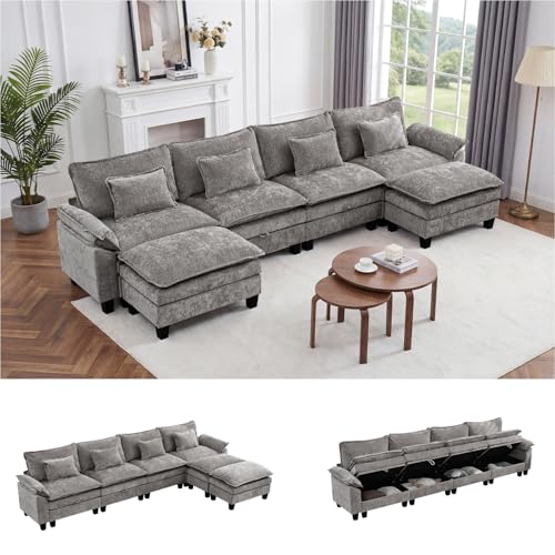Image of IPKIG 151 inch Modular Cloud Couch with Storage, U Shaped Sectional Sofa with Ottoman & Pillow, Chenille Deep Seat Sectional Couches for Living Room, Apartment, Grey