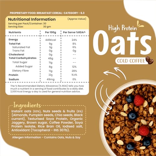 Image of Health Ninja High Protein Cold Coffee Oats | Cold Coffee Oats | 22% Protein, 11% Fibre | No White Sugar | Healthy Breakfast Oats