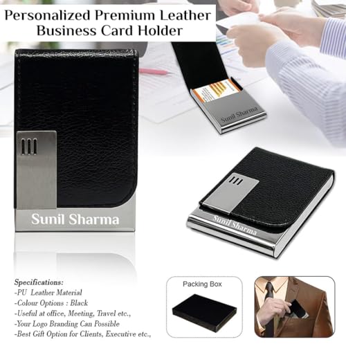 Image of Personalized Card Holder, PU Leather Steel Professional Business Card /Debit Credit Card Holders Men, Women Day Gift, Corporate Gift for Employees (1.5 x 9.5 x 6.5 cm) (Black 1)