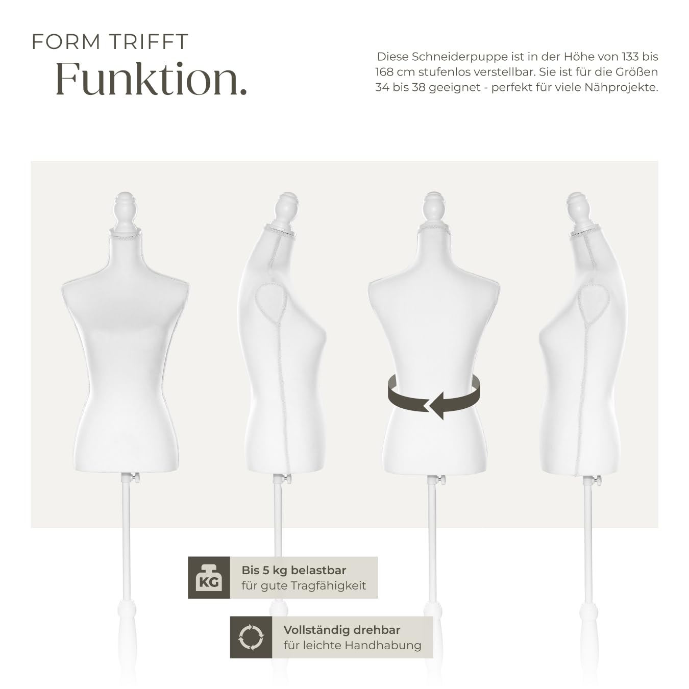 tectake® Schneiderpuppe verstellbar, Schaufensterpuppe weiblich, Damenbüste Mannequin, Büste, Kleiderpuppe, Nähpuppe, Schneiderbüste, Stehpuppe, Kleiderpuppe Damen - weiß