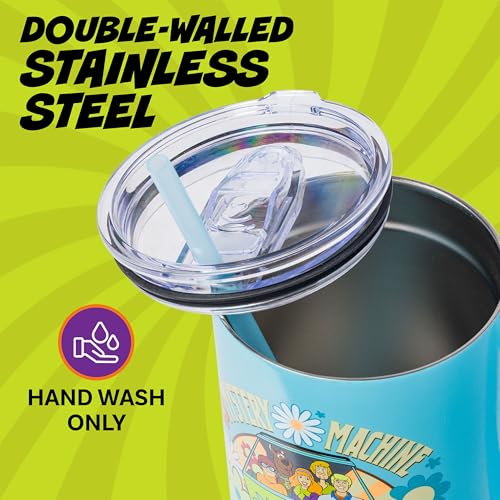 Image of Silver Buffalo Scooby Doo Mystery Machine Featuring Shaggy, Velma, Fred and Daphne Double Walled Stainless Steel Tumbler with Handle and Straw, Fits in Standard Cup Holder, 40 Ounces