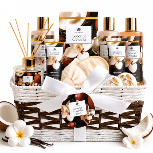 Spa Gift Basket for Women Coconut & Vanilla 12-Piece Bath Gift Set with Shower Gel Shampoo Bubble Bath Diffuser Bath Bombs & Lotion Birthday Gifts for Her