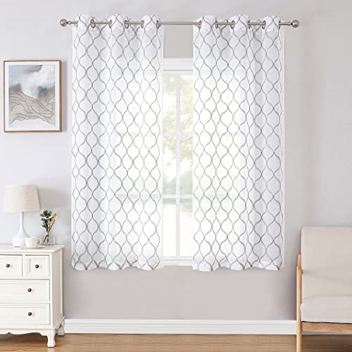 Bujasso White And Grey Sheer Curtains 63 Inch Geometric Embroidery Light Filtering Curtain Panels For Living Room Bedroom Modern Moroccan Grey And White Drapes Grommet Window Treatment Set W38"Xl63"X2 #TOP1