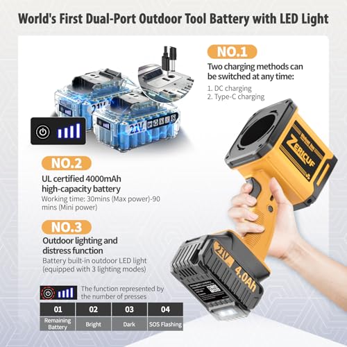 Image of Leaf Blower Cordless with 2x4.0 Ah Battery and Charger[Battery with Outdoor LED Light+Stepless Speed Control] 21V 180MPH Handheld Electric Leaf Blower for Patio & Garden Dust Leaves CleaningCar Wash