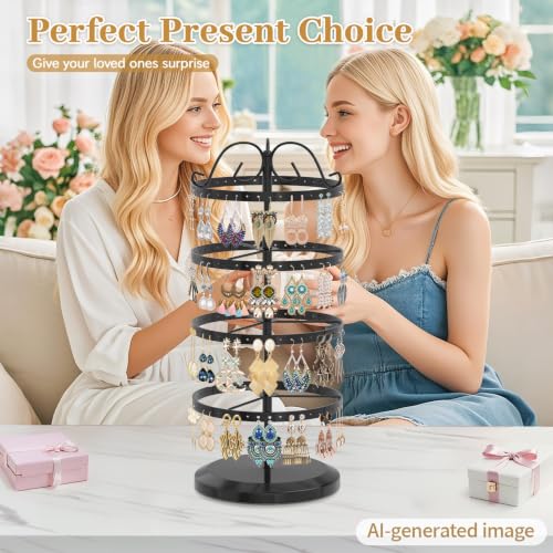 Image of MODOWEY 4 Tiers Metal Rotating Earring Holder Organizer Stand Adjustable Display Tree, 176 Holes Large Carousel Rack for Stud Hoop Pierced Dangling Women, Idear View for All Earrings, Black