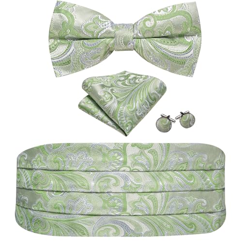 Image of Barry.Wang Men Silk Paisley Cummerbund and Pre-tied Bowtie Handkerchief Cufflink Set for Tuxedo