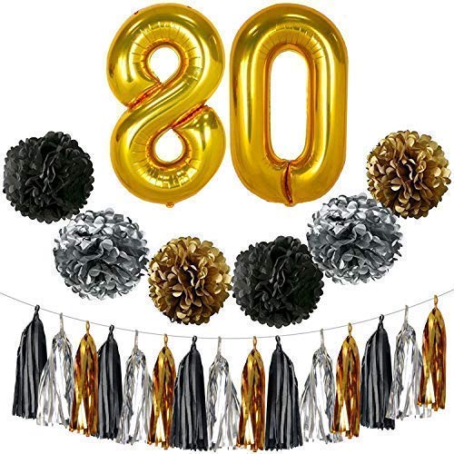 Gold 80th Birthday Decorations – Large, Pack of 23 | Black, Gold and Silver PomPoms and Tassel | 80th Birthday Party Supplies Kit | 80 Balloons | 80th Birthday Party Decorations | 80 Party Decor