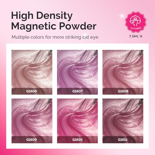 Image of MelodySusie Pink Gem Cat Eye Gel Set Cat Eye Gel Nail Polish Set 6 Pcs, 0.26 Fl Oz Glitter Holographic Magnetic Nail Polish with Magnet, UV Nail Polish for Nail Art Manicure Salon DIY at Home