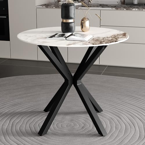 Moderna mesa de comedor redonda para 2 personas con parte superior de piedra sinterizada blanca brillante, mesa de cocina pequeña de 80 cm con patas de metal cruzadas resistentes, resistente a los