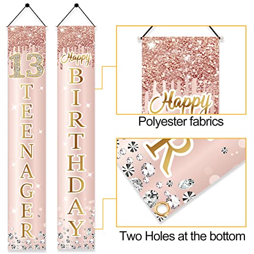 Image of 13th Birthday Decorations Door Banner for Girls, Pink Rose Gold 13 Teenager Happy Birthday Sign Party Supplies, Sweet Thirteen Year Old Birthday Backdrop Porch Decor