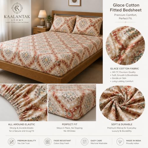 Image of Fitted Bedsheet Ethnic Beige Jaipuri Print Glace Cotton 210 TC | Single Size for Single Bed Fits 3 x 6.25 ft Mattress (36 x 75 Inch) | All Around Elastic | 2 Pillow Cover | 7 Inch Deep Pocket