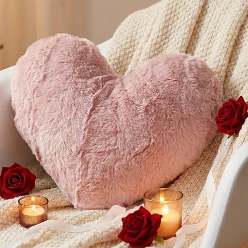 Tache Pink Heart Shaped Pillow - Faux Fur White Fleece...