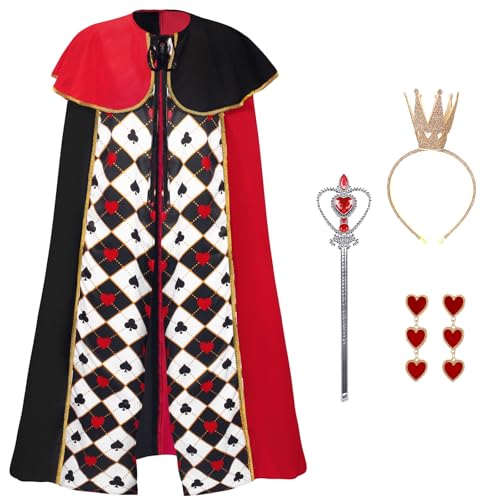 Maazusa Königin Kostüme für Damen 4 Stück Königin Umhang Herzkönigin Verkleidung Set mit Krone Herz-Ohrringe Fancy Dress für Karneval Fasching...