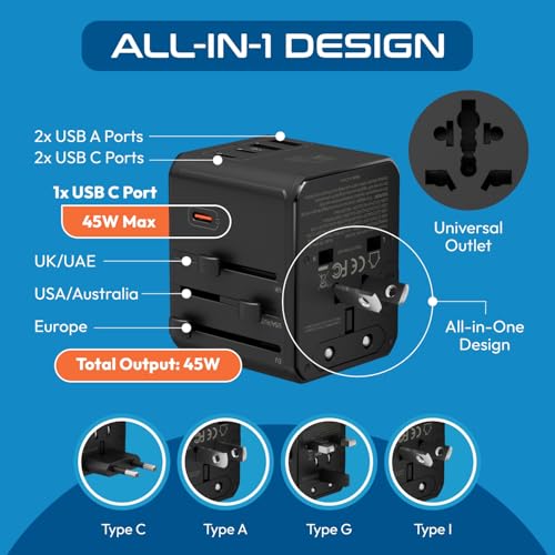Image of Ceptics 8 in 1 Universal Travel Adapter for EU, UK, US, AU and More, World Travel Adapter, 2X US Socket, Universal Socket, 3X USB-C and 2X USB-A, 45W Fast Charge - UP-45KU-BL