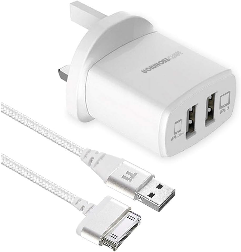 InfoTechnica USB charger compatible with iPad, iPad 2, iPad 3, Phone 4 4S iPhone 3G 3GS, iPod classic, iPod nano, Pod Touch with 30-Pin 2 meters (6.6ft) nylon braided Sync & Charge USB cable (White)