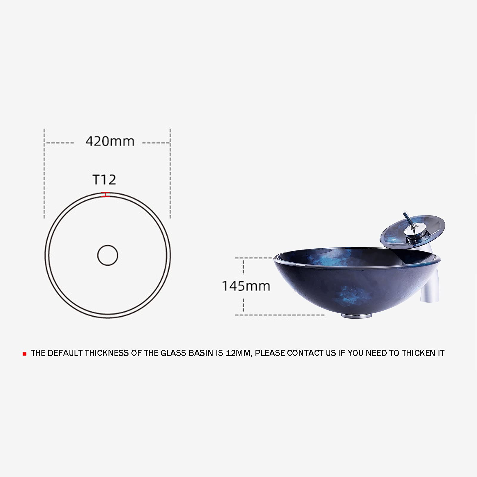 Lavabo de baño Lavabo de Recipiente de Vidrio Templado Lavabo Redondo Lavabo de encimera Lavabo de encimera Lavabo de Arte con Grifo de Cascada, desagüe emergente