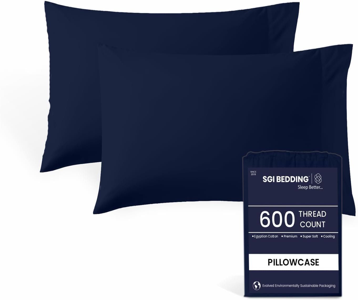 SGI Bedding Standard Size Pillow Cases Set of 2, 600 Thread Count 100% Egyptian Cotton Navy Blue Pillow Covers, Soft Hotel Quality, Open Closure, Shrink & Fade Resistant