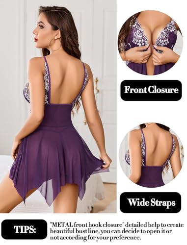 Image of Avidlove Women Lace Lingerie Front Closure Babydoll V Neck Nightwear Sexy Chemise Nightie