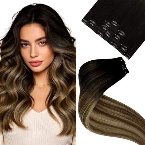 Image of LaaVoo Human Hair Clip in Extensions 12in Balayage Light Brown Blonde | Brightens short hair with dimensional highlights, fine weft construction suits delicate hair textures