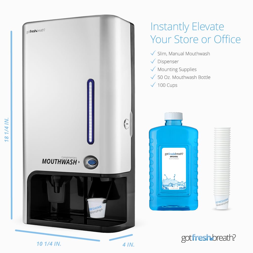 GotFreshBreath Commercial Mouthwash Dispenser with Cup Holder – Standing or Wall-Mounted, Slim, Commercial Mouthwash Dispenser with 100 Cups & 50 Oz. Alcohol-Free Mouthwash (Nickel)… - Image 2