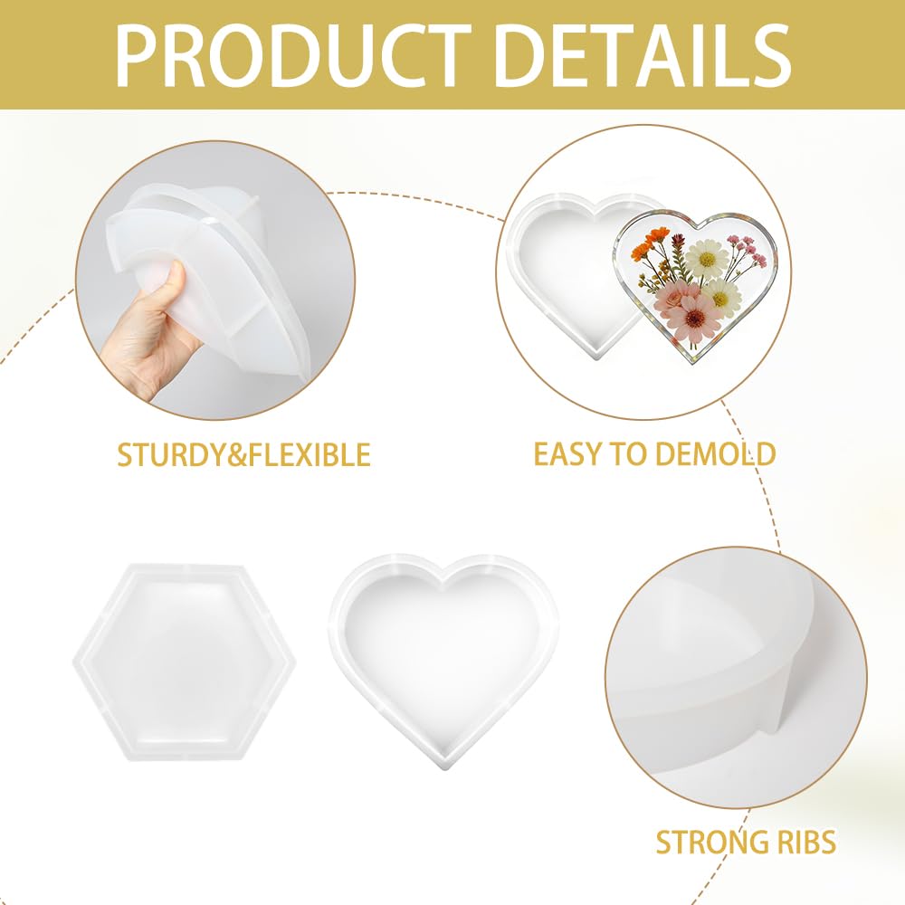 2 Pezzi Stampi Grandi in Silicone per Resina Epossidica a Forma di Cuore e Esagonale Stampo Resina Epossidica Silicone Grande per Fermalibro Conservazione dei Fiori Decorazioni Casa (2 Forme)