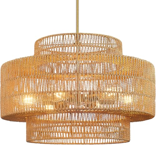 PENACINY 23.6” Boho Rattan Chandeliers Light Fixture, 6-Light Hand Woven Farmhouse Rustic Chandelier Hanging Light for Dining Rooom, Kitchen, Living Room, Foyer