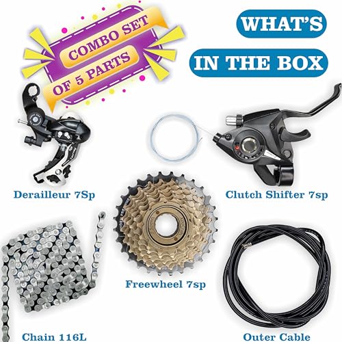 Image of Aruvia 7 Speed Bicycle Gear Set of 5 Accessories - Rear Derailleur, Freewheel, Chain, Shifter & Cable | Gear Kit for Cycle Size - 24T, 26T, 27.5T, 29T Gear Bike, Conversion Kit