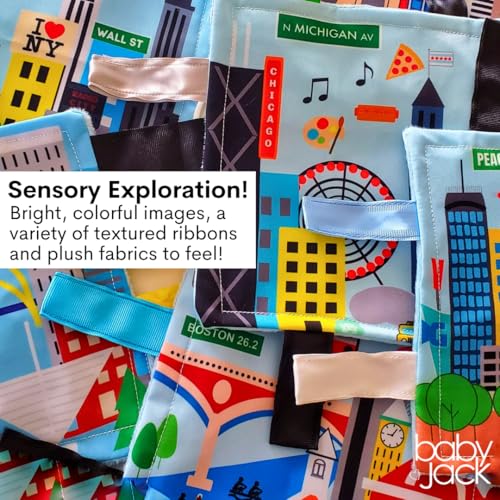 Image of Baby Jack & Co 8x8 inch Learning Lovey Boston Massachusetts Tag Toys for Babies - Baby Crinkle Toys - Soft & Safe - Learn USA Cities and Shapes - Ideal Baby Toy & Gift BPA Free w /Stroller Clip