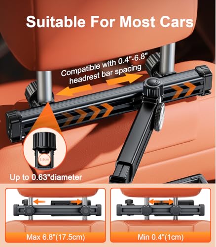 Image of Extension Arm Tablet Holder for Car Headrest, Adjustable iPad Holder for Car Backseat Rear Facing for Kids Baby, Car Mount Fit for 4.7 inch-13 inch Cell Phone iPad mini Air Pro 12.9 Switch Fire, Black