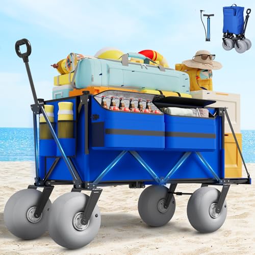 Beach Wagon with Big Wheels for Sand - 450lbs Load Heavy Duty Wagons Carts Foldable with 9' All...