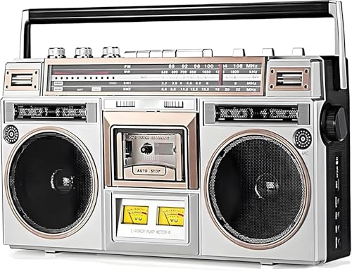 Boombox Bluetooth, Boombox de cassette portátil con radio AM/FM, refuerzo de graves, altavoz incorporado, reproductor de cintas estilo boombox retro clásico de los 80, admite entrada SD/USB, ideal par