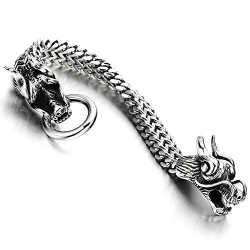 COOLSTEELANDBEYOND Gothic Style Biker Mens Stainless Steel Dragon Curb Chain Bracelet Spring Ring Clasp 8.3 Inch