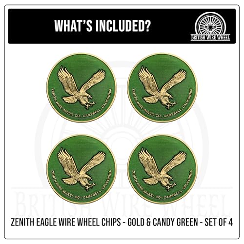 Image of Zenith Eagle Gold & Candy Green Metal Wheel Chip Emblems (Set of 4) | 24K Triple Gold Plated Solid Metal Wheel Chip Emblems, 2.25 inch | for Lowriders w /Recessed Knock Off Spinner Caps