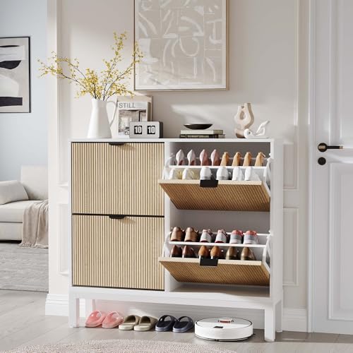 OPULENTHOME   Mueble para zapatos de madera con 4 puertas, almacenamiento de zapatos, 24 pares con estantes ajustables, mueble de entrada de ratán para entrada, salón, pasillo, 100 x 88 x 24 cm