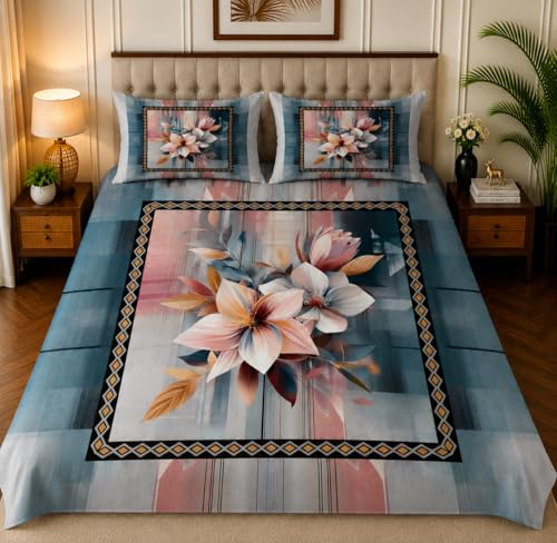 Image of 7D Digital Printed King Size Bedsheet with 2 Pillow Covers | Soft Premium Cotton Feel Microfiber Double Bed Bedsheet |Breathable,Wrinkle Free & Fade Resistant|(MultiFloral,KingSize-225x250CM)