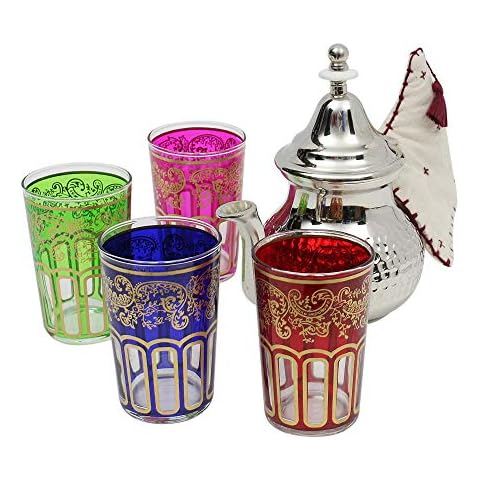 Moroccan Silver Teapot Hammered Medium with 4 Multicoloured Tea Glasses and Handle Cover Handmade in Morocco Mint Tea Gift Set Cover