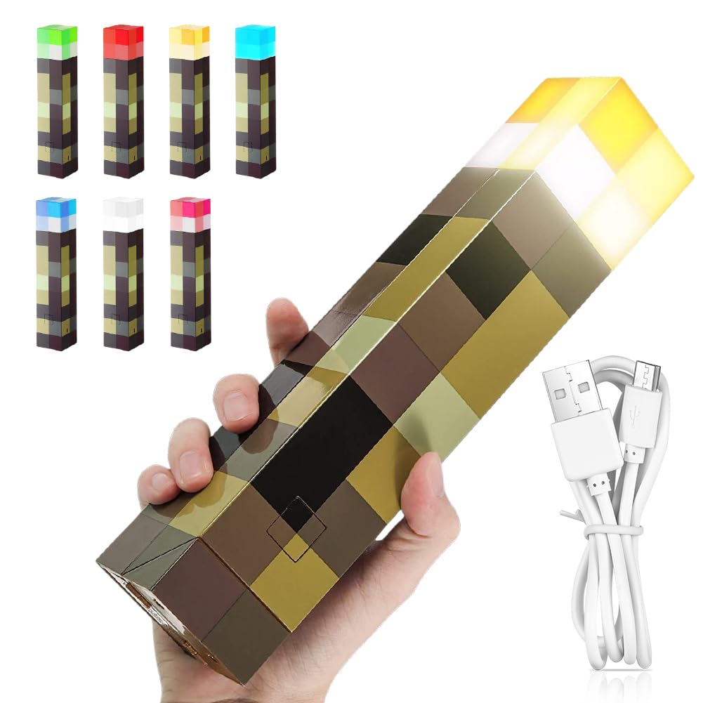Lámpara de pared con antorcha Craft, 28cm lámpara de noche recargable 7 colores, iluminación de mano/pared con gancho, lámpara de mesita de noche para niños, regalos, cosplay, salón, sala de juegos
